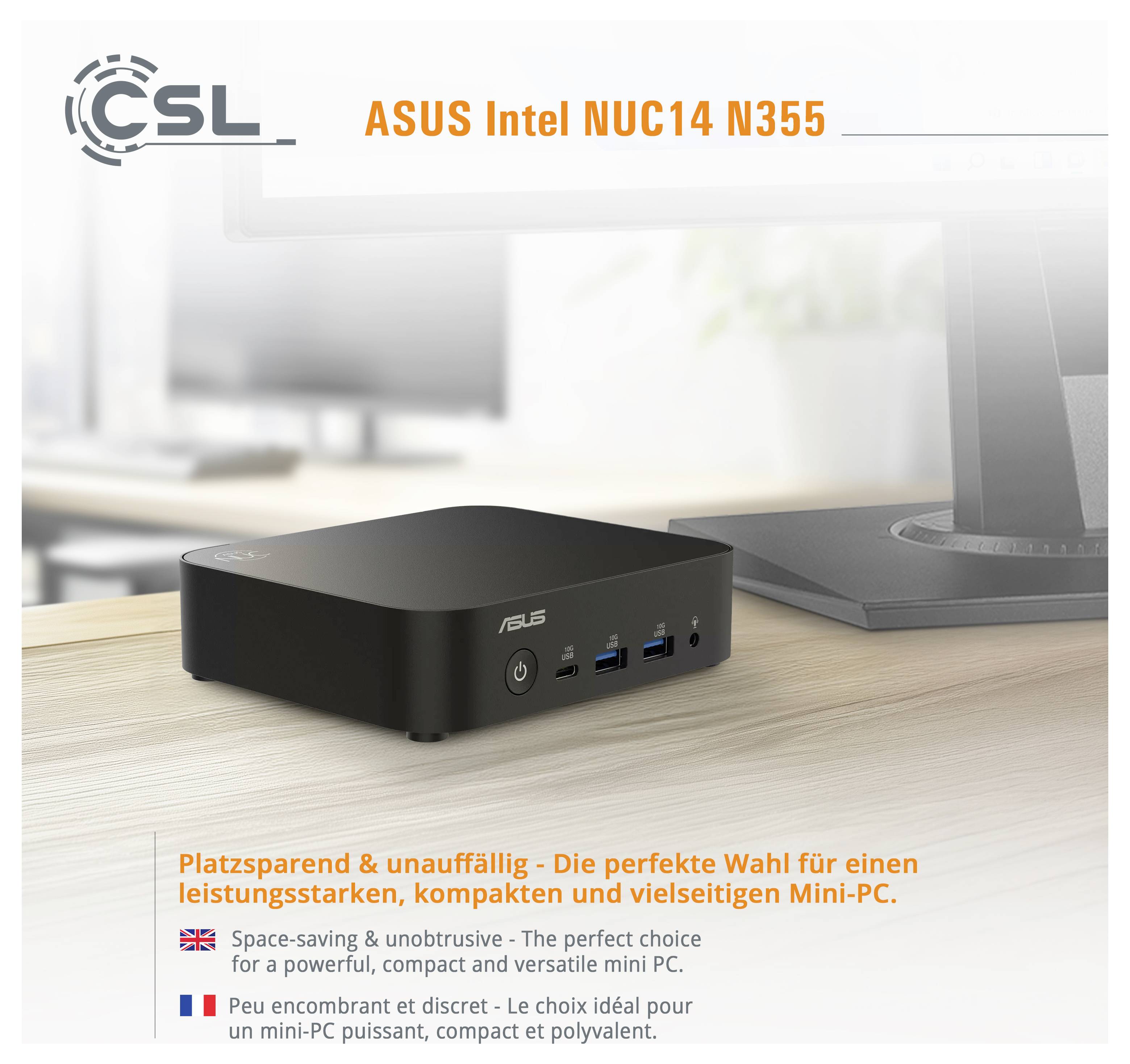 Propagační obrázek minipočítače ASUS Intel NUC14 N355 na pracovním stole vedle monitoru, zdůrazňující kompaktní, výkonný a nenápadný design.