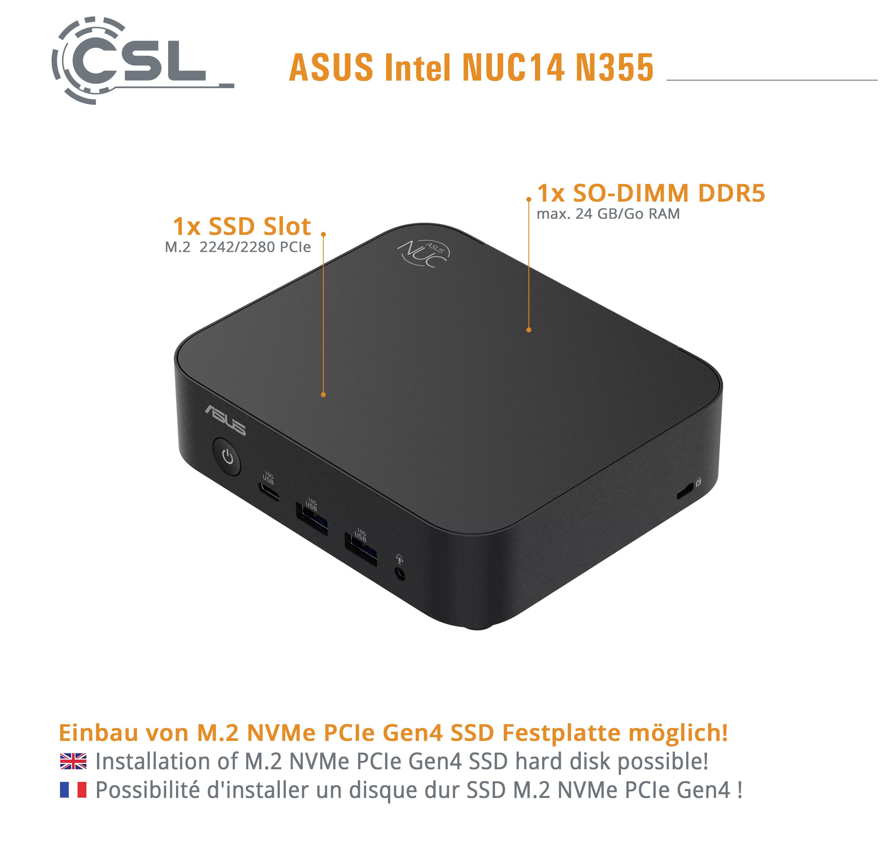 Grafika produktu miniaturního počítače ASUS Intel NUC14 N355, která zvýrazňuje 1 slot SSD (M.2 2242/2280 PCIe) a 1 slot SO-DIMM DDR5 s kapacitou až 24 GB RAM.