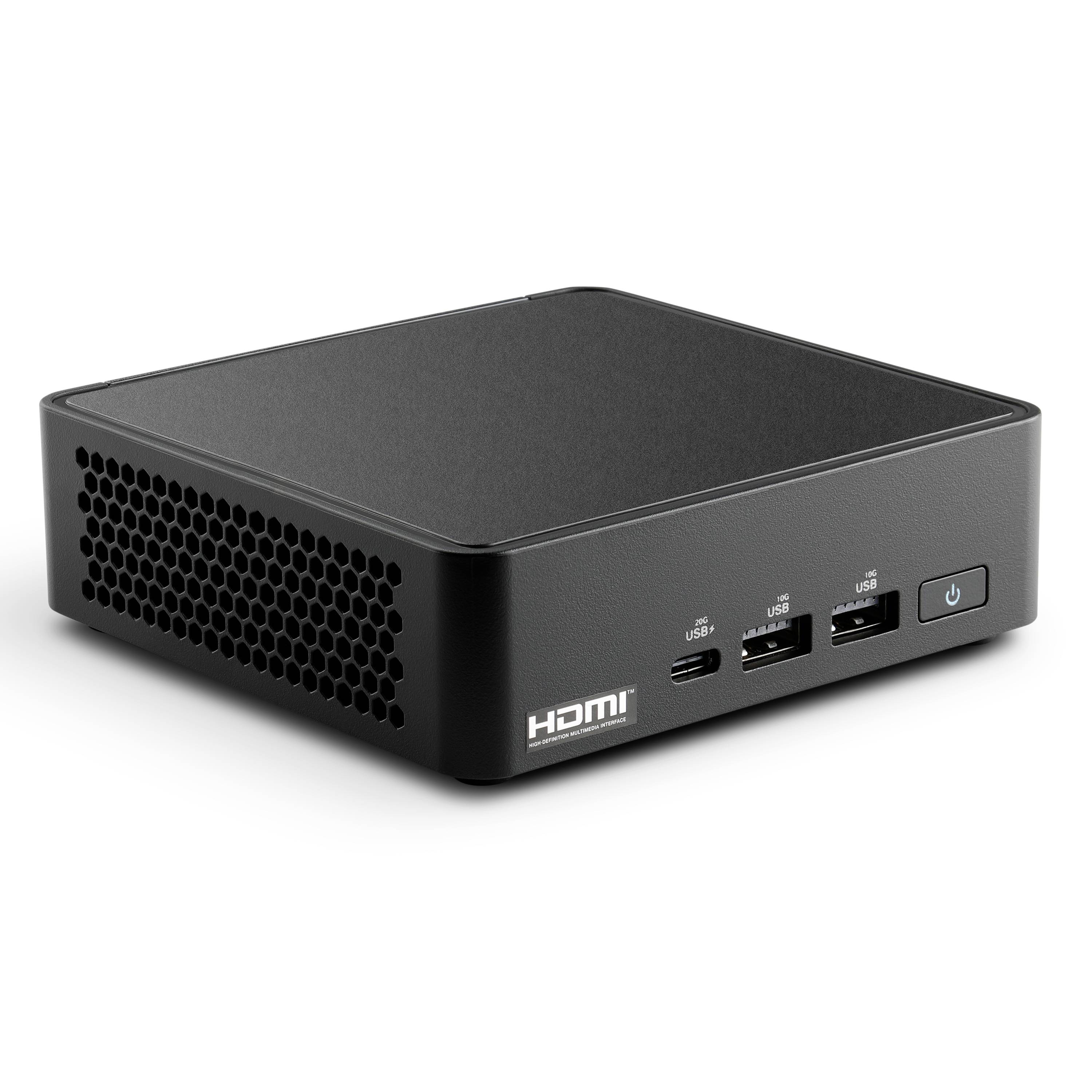 Černý kompaktní mini PC s logem HDMI, přední porty USB-C a USB a tlačítko napájení na bílém pozadí.