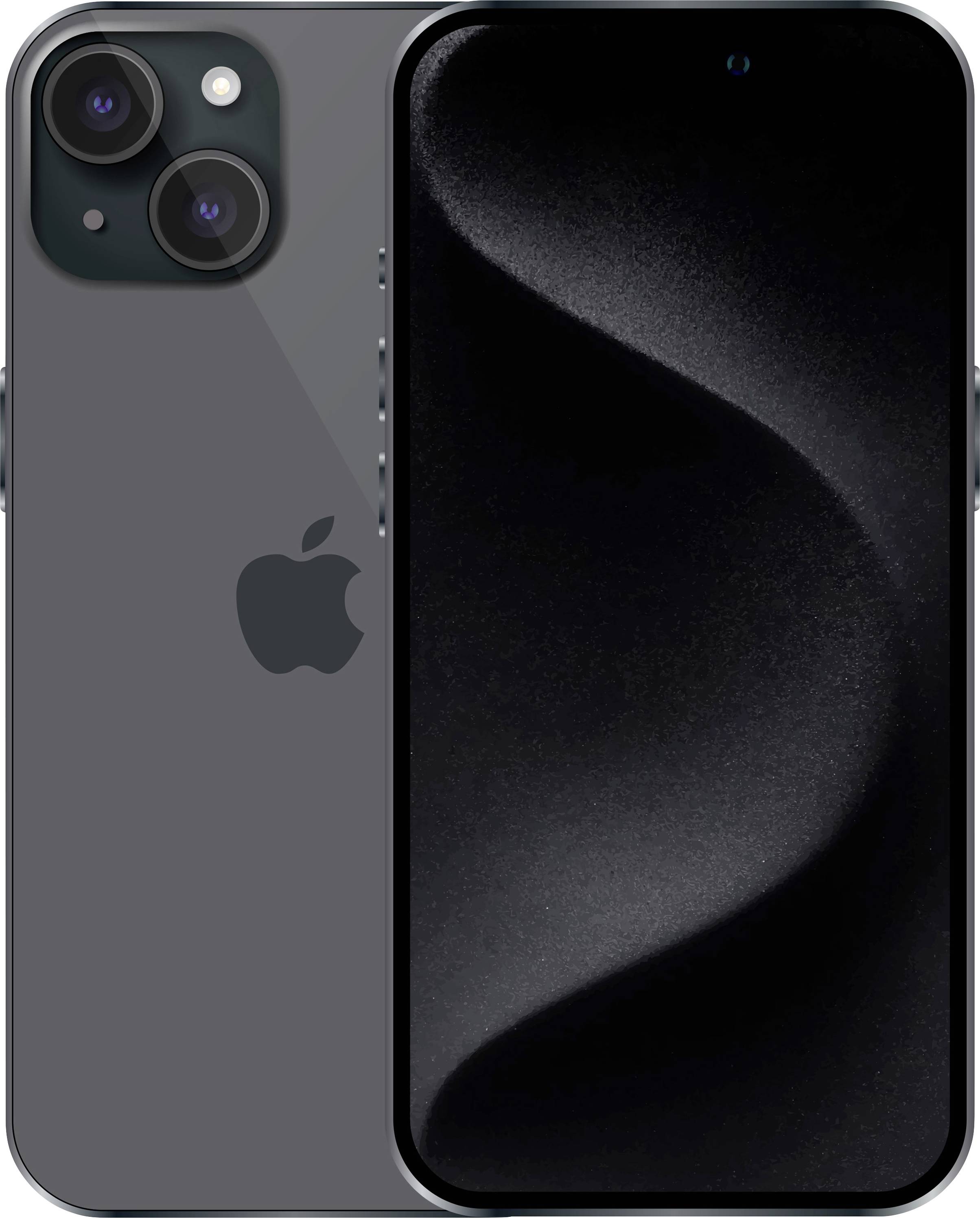 Přední a zadní pohled na černý iPhone, zobrazující trojitou zadní kameru a přední displej s tmavou abstraktní tapetou.