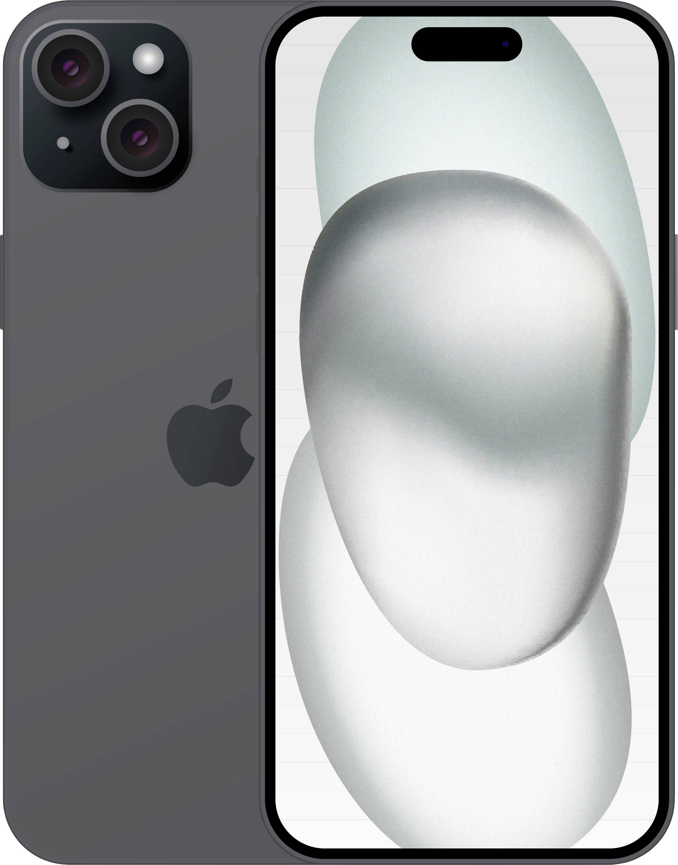 Šedý iPhone zobrazený zepředu a zezadu, s trojitým zadním fotoaparátem a bílou abstraktní tapetou na displeji.