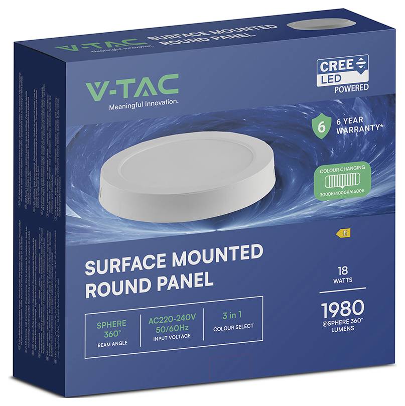 Balení pro povrchově montovaný kulatý LED panel V-TAC, zobrazující bílé kruhové světlo, "napájeno CREE LED", 18W, 1980 lumenů, 6letá záruka, změna barev.