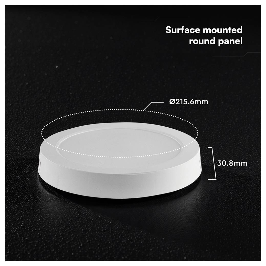 Povrchově umístěné kulaté panelové světlo zobrazené s rozměry Ø215,6 mm a výška 30,8 mm.