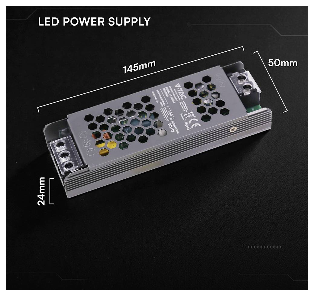 Zdroj napájení LED zobrazen s rozměry: 145 mm dlouhý, 50 mm široký a 24 mm vysoký.