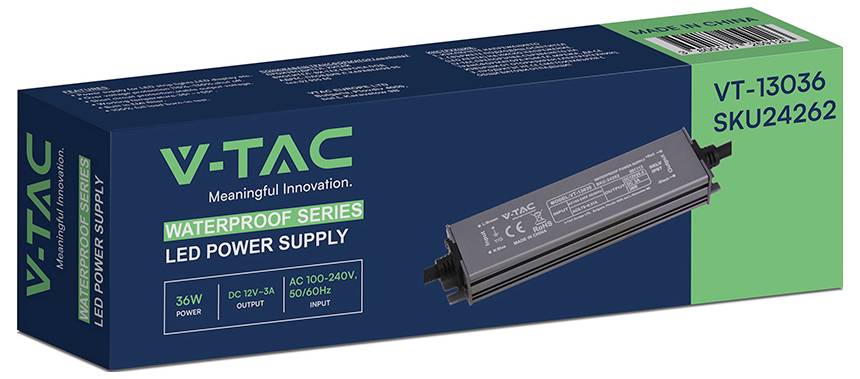 Krabicové balení pro vodotěsnou řadu LED zdrojů napětí V-TAC, označeno VT-13036 a SKU24262, s obrázkem produktu a specifikacemi výkonu.