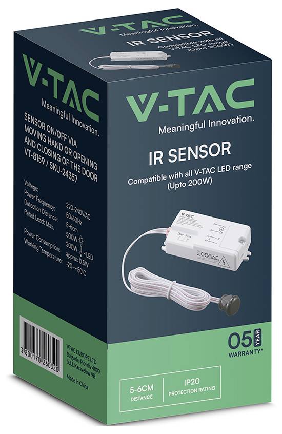 V-TAC senzor IR čidlo pohybu určené pro LED osvětlení, kompatibilní s V-TAC LED řadou do 200W, s dosahem 5-6 cm a stupněm ochrany IP20.