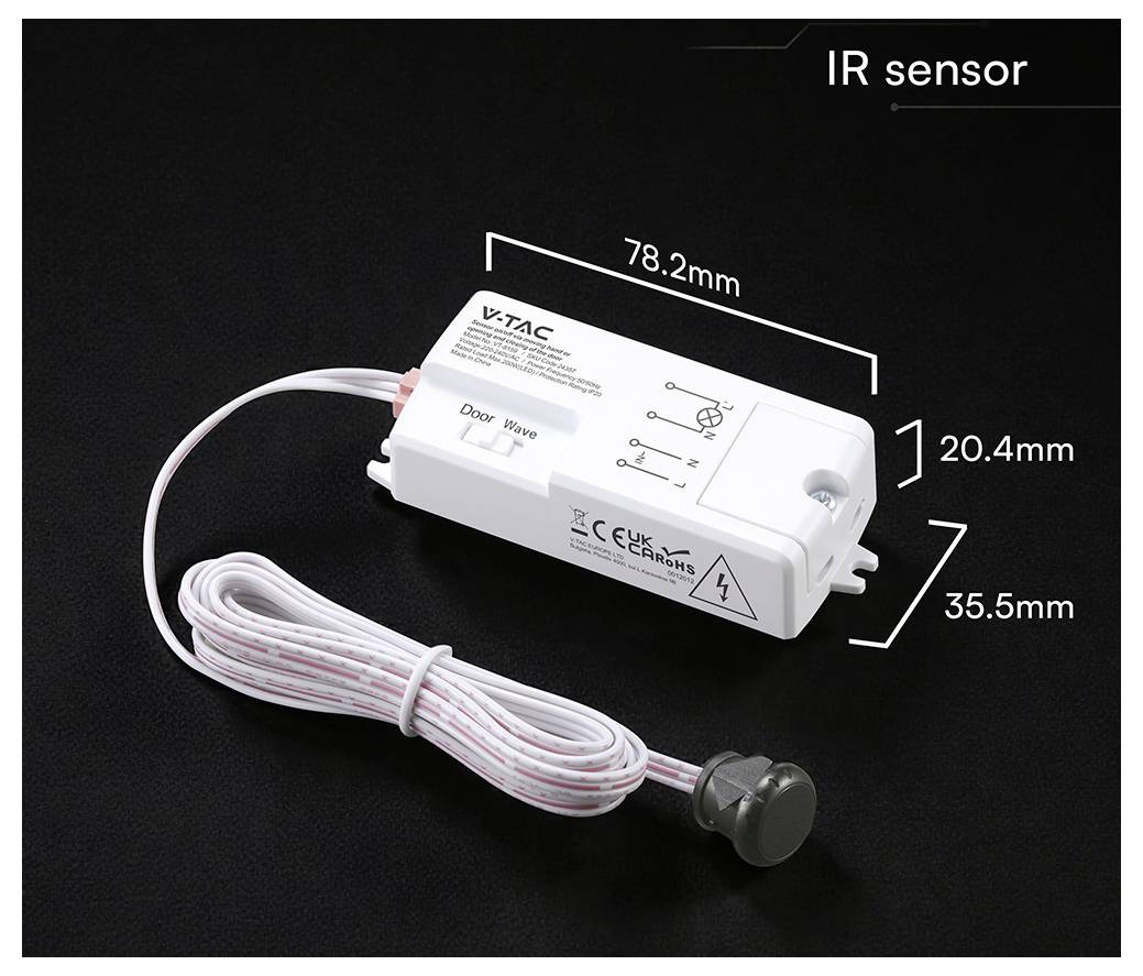 Kompaktní modul senzoru V-TAC IR s připojenou kabeláží, zobrazen s rozměry 78,2 mm x 35,5 mm x 20,4 mm.