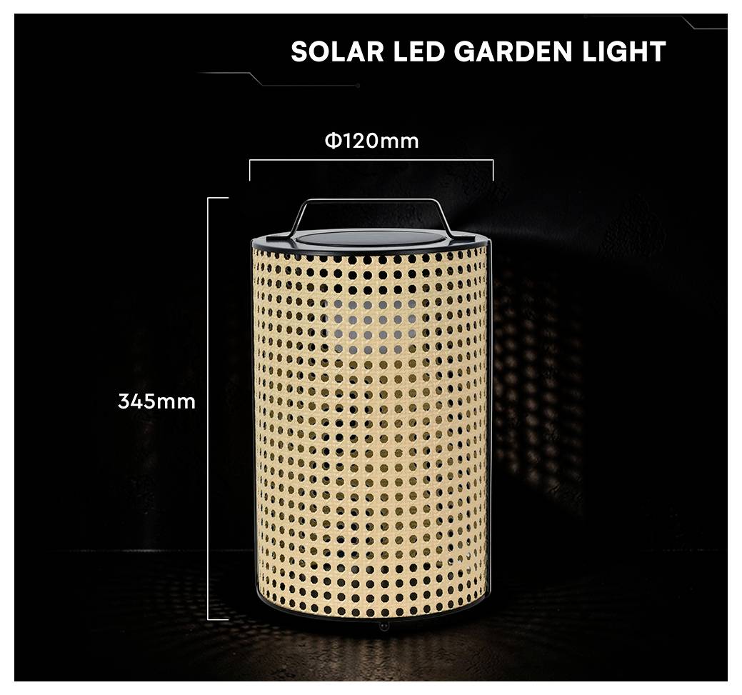 Solární LED zahradní svítidlo zobrazené jako děrovaná válcová lucerna, označené šírkou 120 mm a výškou 345 mm.