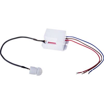 Bílý modul elektrického konektoru s připojenými černými a červenými/modrými vodiči, zobrazen na prostém bílém pozadí.