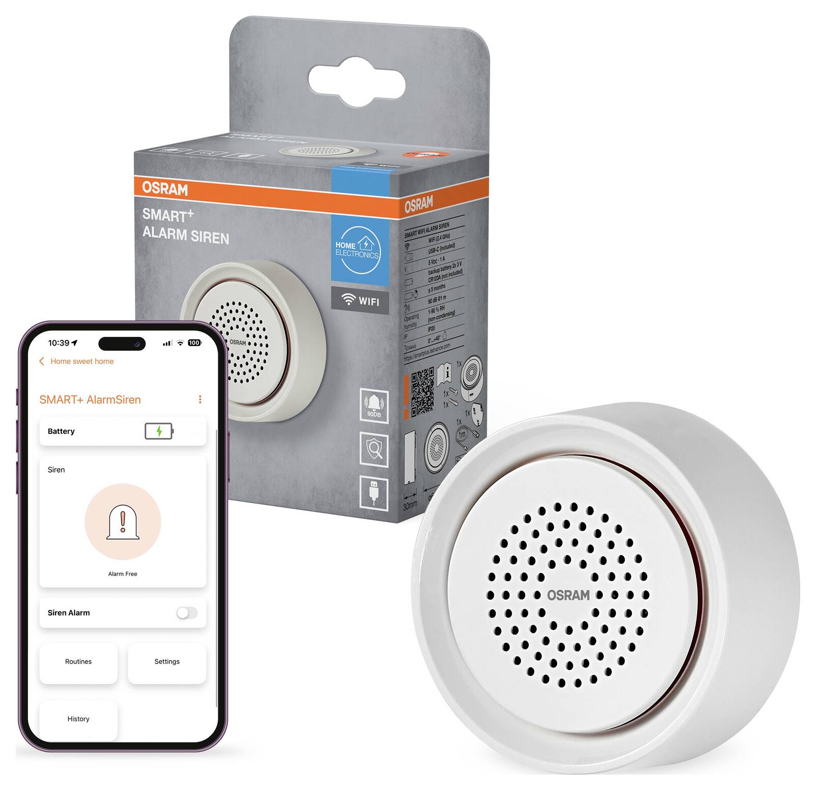 OSRAM SMART+ Alarm Siren chytré domácí zařízení s doprovodnou aplikací telefonu zobrazenou na obrazovce, krabici s balením a kulatou bílou jednotkou sirény.