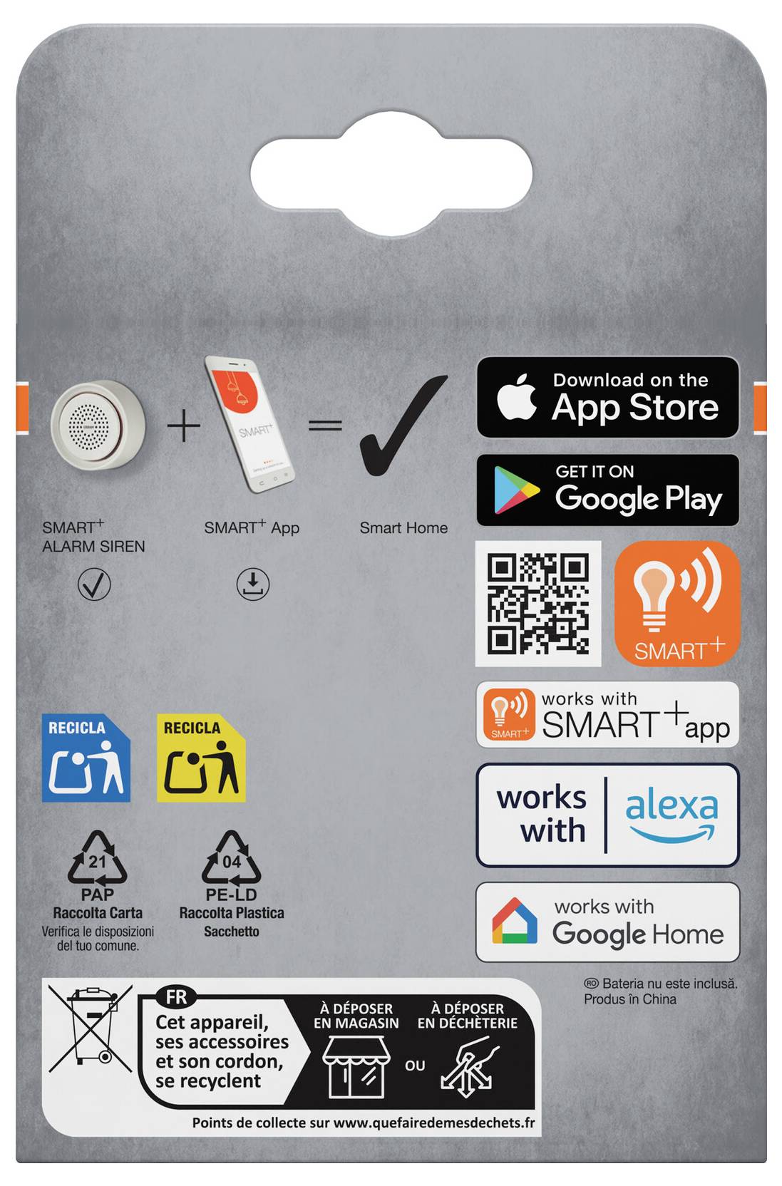 Přední strana balení ukazující chytrou alarm sirenu plus aplikaci připojenou k platformám chytré domácnosti, s App Store, Google Play, QR kódem a symboly recyklace/likvidace.