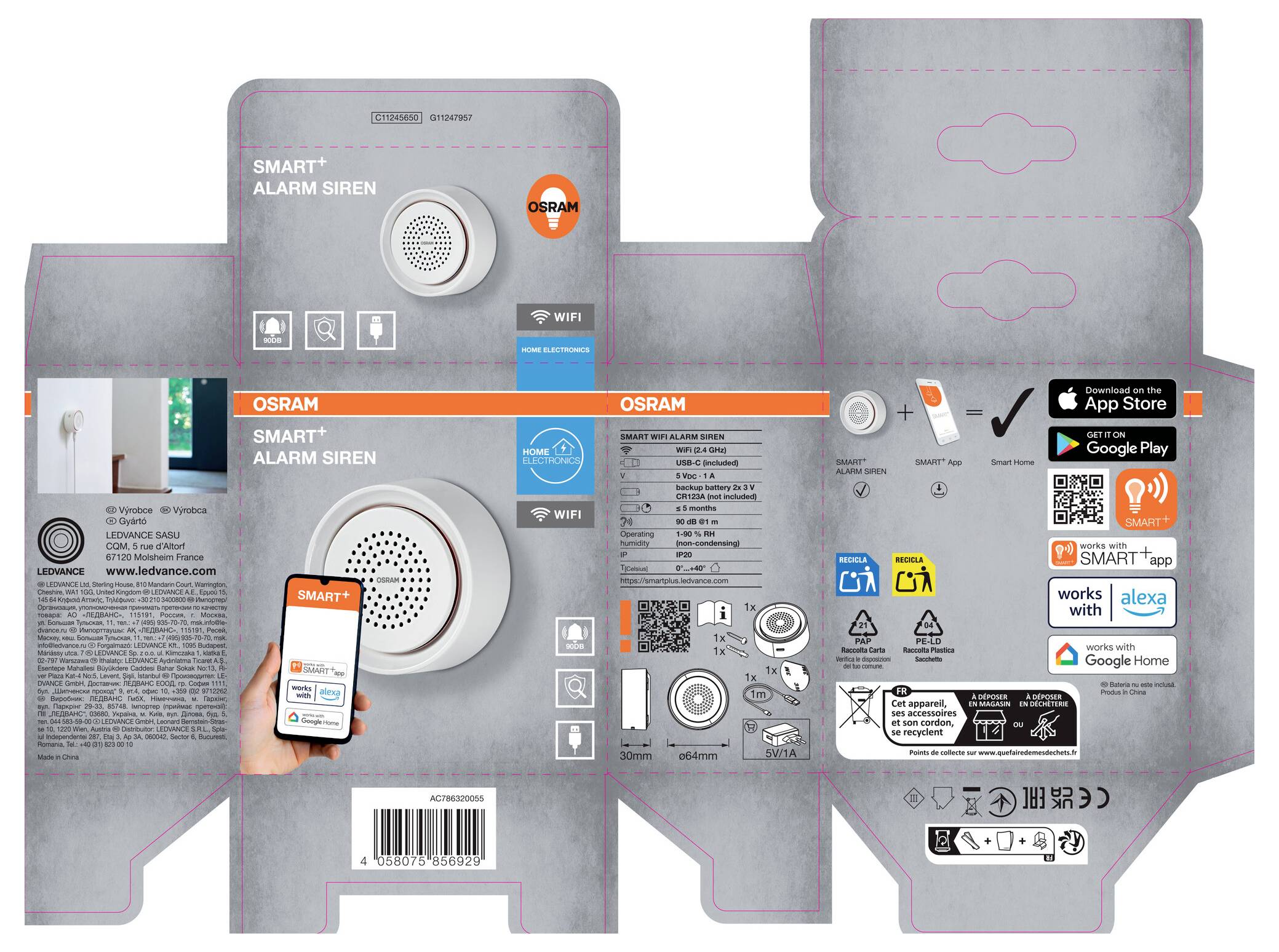 OSRAM chytrý alarm siréna produktová krabice balení zobrazená rozložená s obrázkem zařízení, aplikací smartphone, kompatibilita s Wi-Fi, Alexa a Google Home, ikony, QR kód a čárový kód.