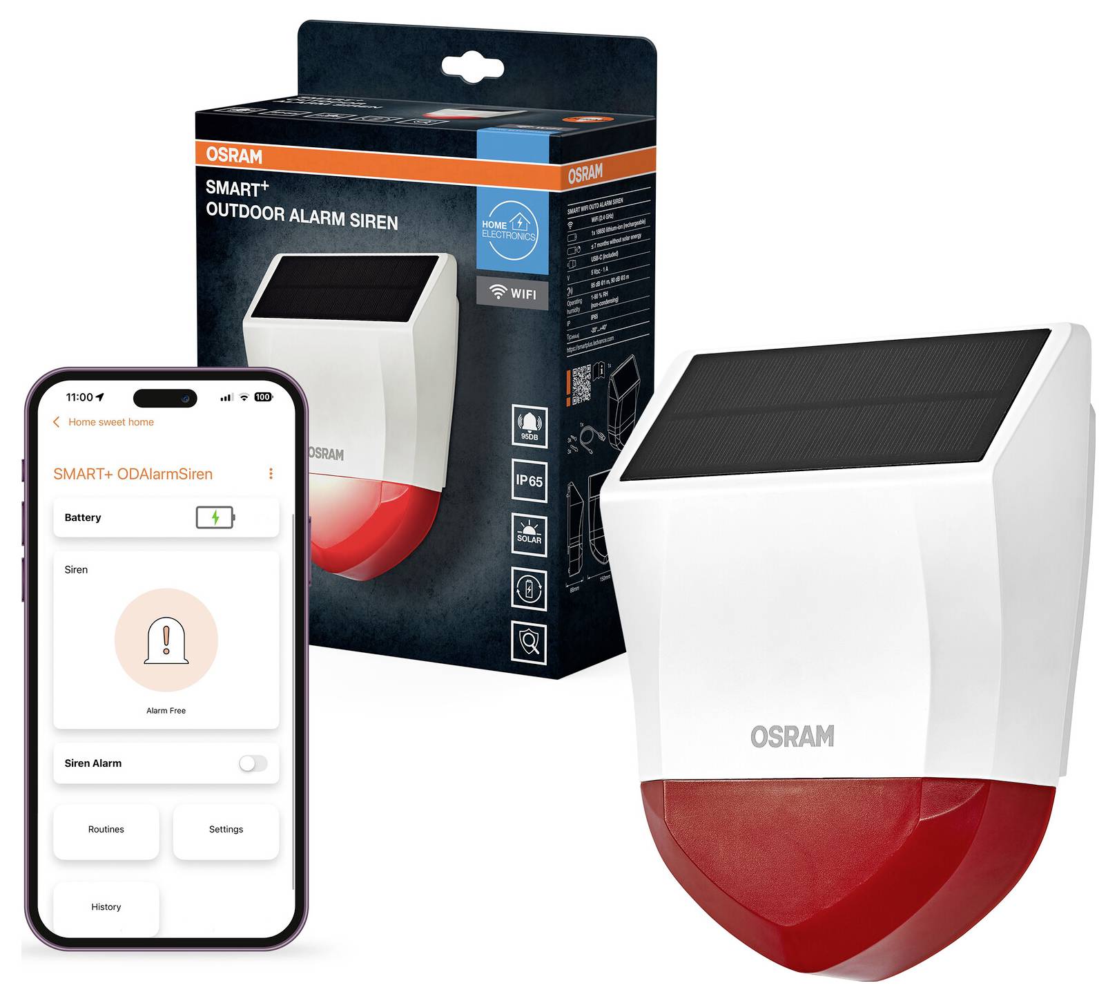 OSRAM SMART+ venkovní alarm se zvukovým signálem se zobrazením obrazovky aplikace pro smartphone ukazující baterii a ovládání sirény, plus obal produktové krabice.