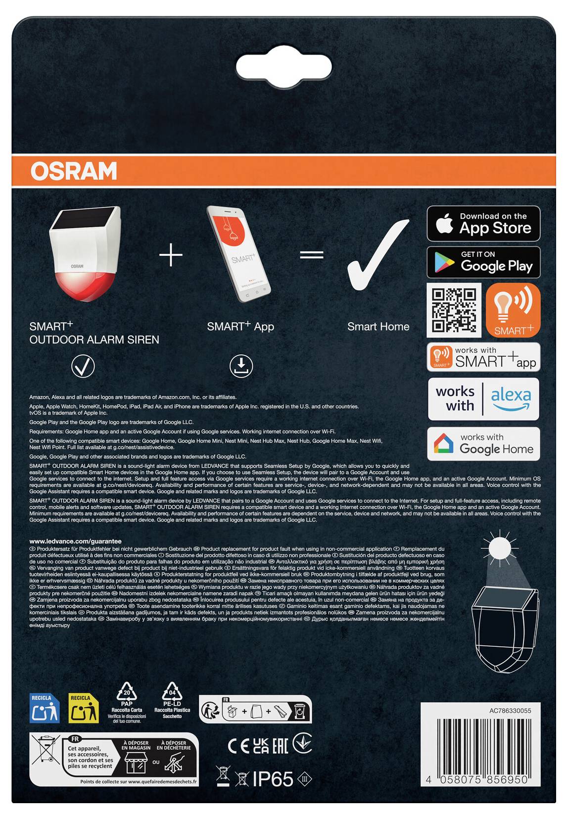 OSRAM balení pro inteligentní venkovní alarmní sirénu, na kterém je znázorněna siréna plus aplikace Smart+ rovnající se Smart Home, s logy kompatibility App Store, Google Play, Alexa a Google Home.