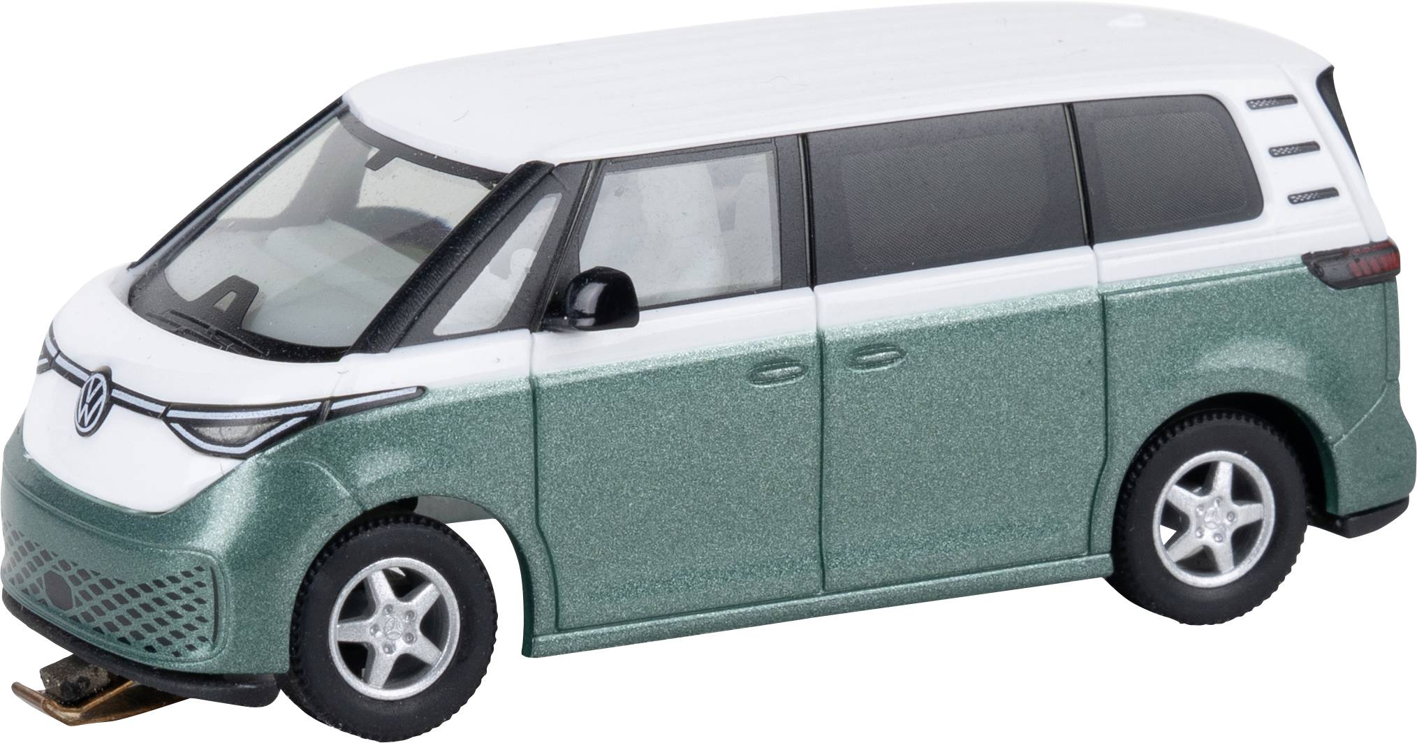 Zeleno-bílý minivan Volkswagenu s posuvnými bočními dveřmi, zobrazen z přední tříčtvrtinové perspektivy na bílém pozadí.