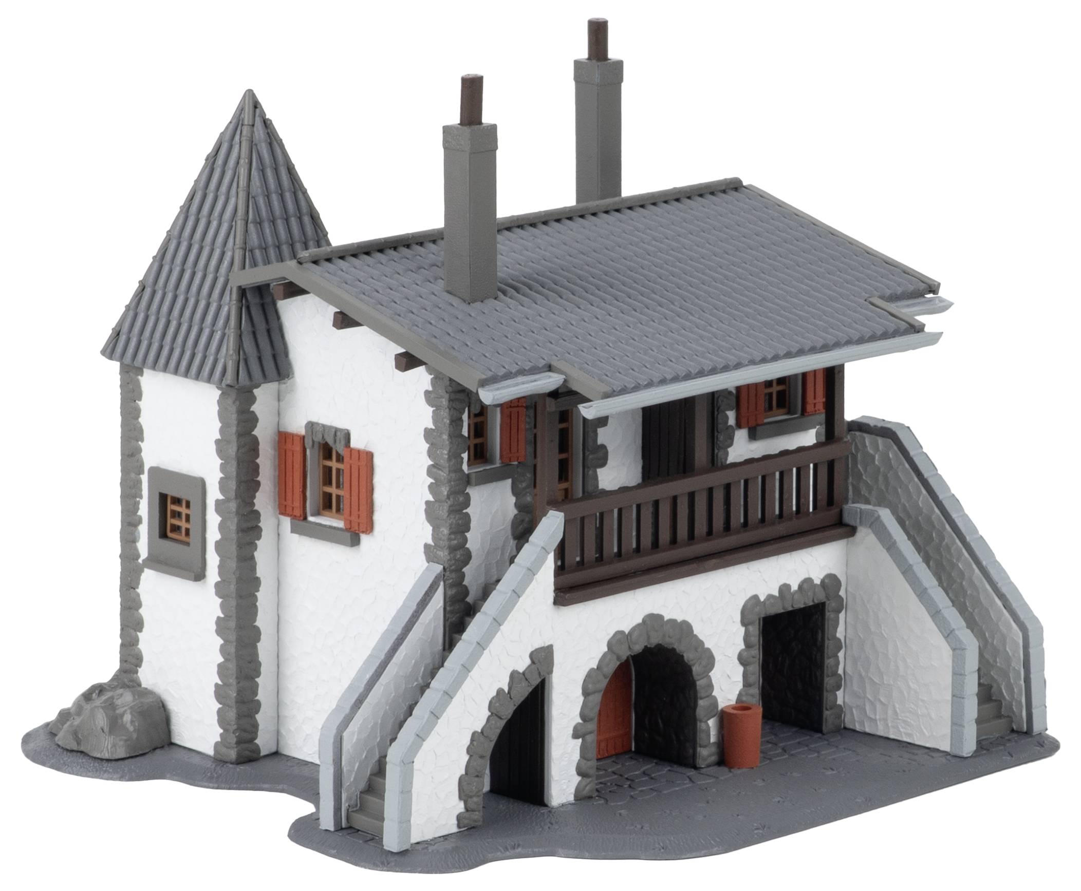 3D model malého bílého domu se šedou střechou, věží, vnějším schodištěm a balkonem.