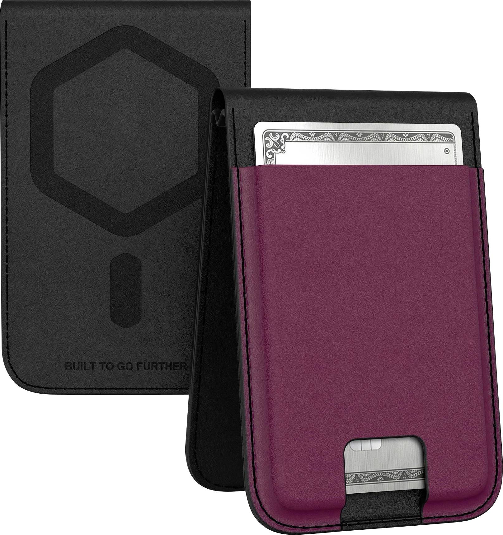 Purpurově růžové pouzdro na telefon ve stylu peněženky se slotdem na kartu, ve kterém je vložena karta, zobrazené před černým obalem.