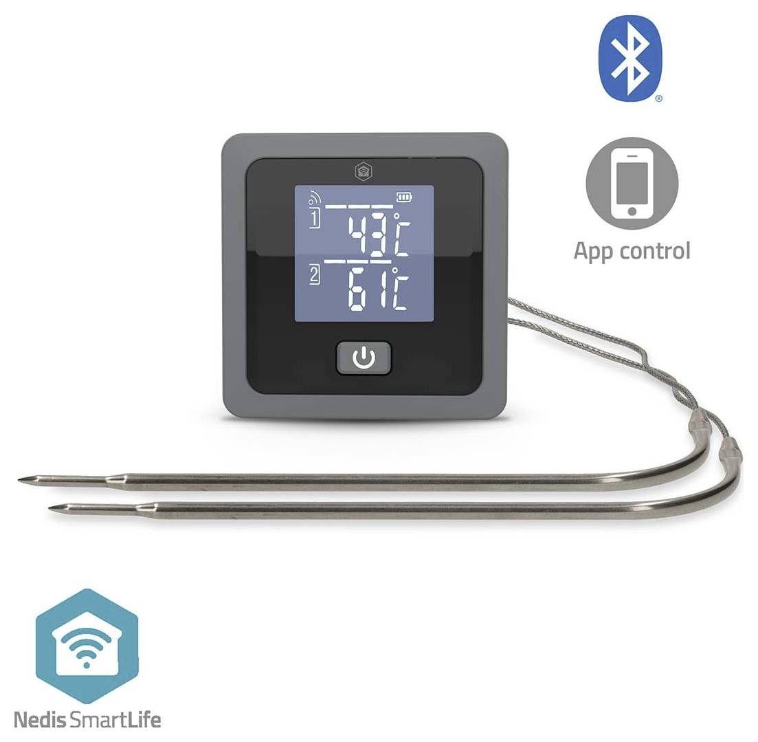Bluetooth aplikací řízený duální teploměr se dvěma čidly s digitálním displejem zobrazujícím 43°C a 61°C, dvěma kovovými čidly a značkou Nedis SmartLife.
