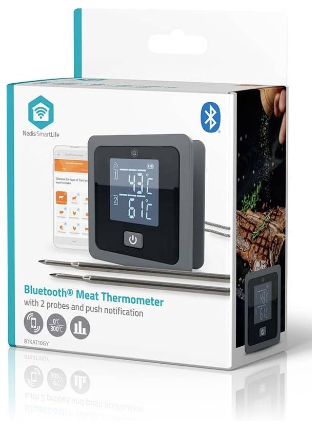 Balené „Bluetooth teploměr na maso" se dvěma sondami a push notifikacemi, zobrazující digitální displej a ikonu Bluetooth na obalu.