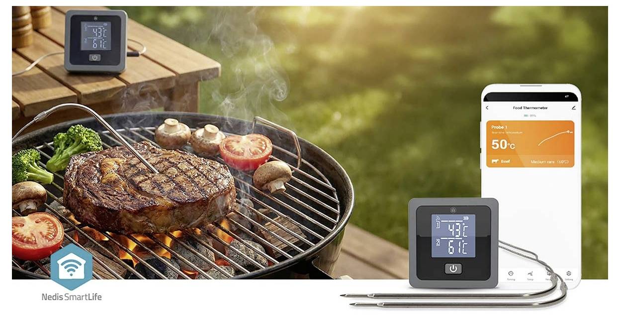 Chytrý teploměr na maso a aplikace ve smartphonu monitorující steak na grilu s teplotami vaření 43°C/109°F a 50°C/122°F.