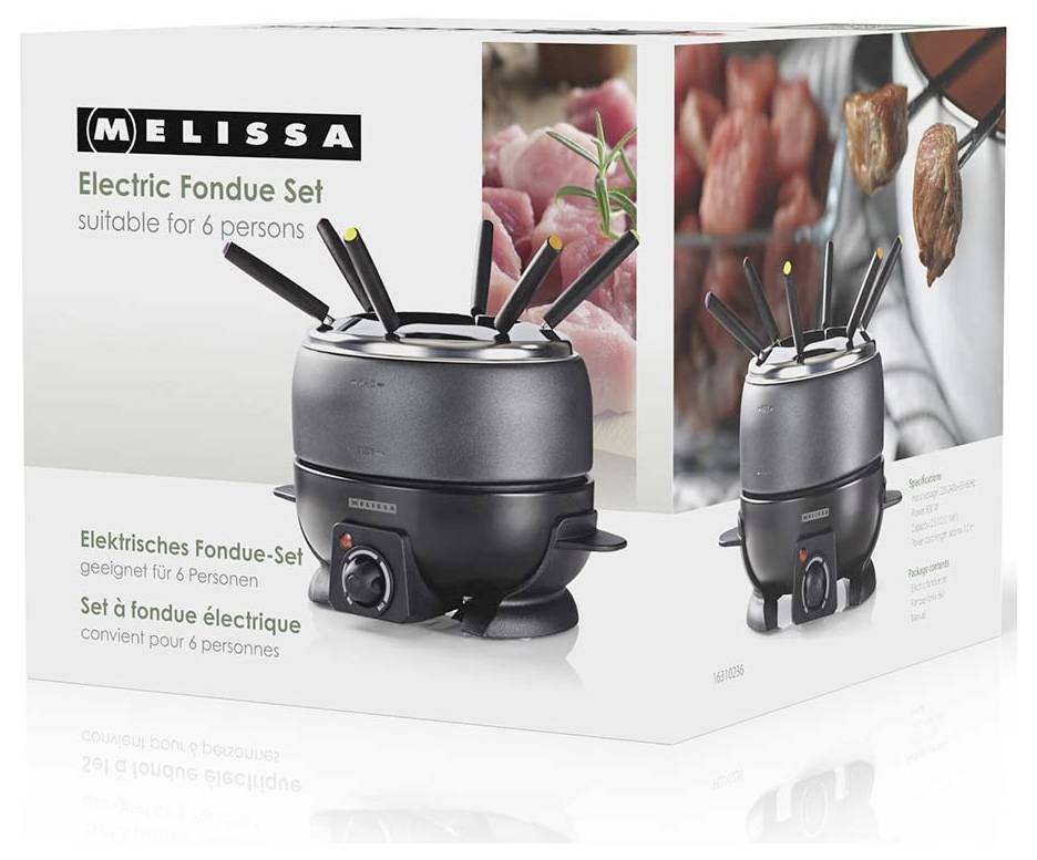 Produktová krabice pro elektrickou fondue sadu Melissa, vhodná pro 6 osob, zobrazující elektrický hrnec na fondue se špejlemi a jídlem na balení.