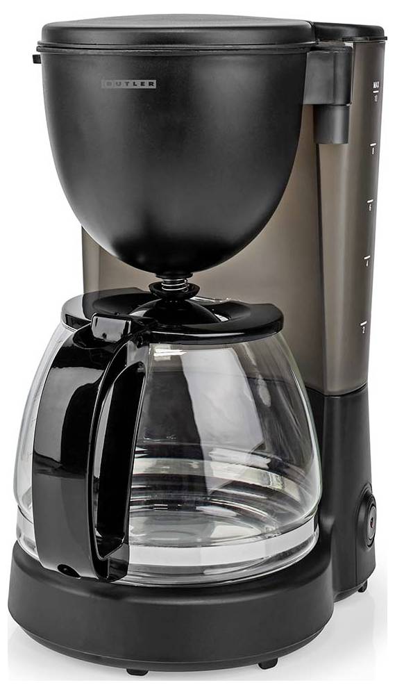 Černý kávovar Mr. Coffee s kapacitním systémem, skleněnou konvicí a zásobníkem vody, zobrazený z přední strany na bílém pozadí.