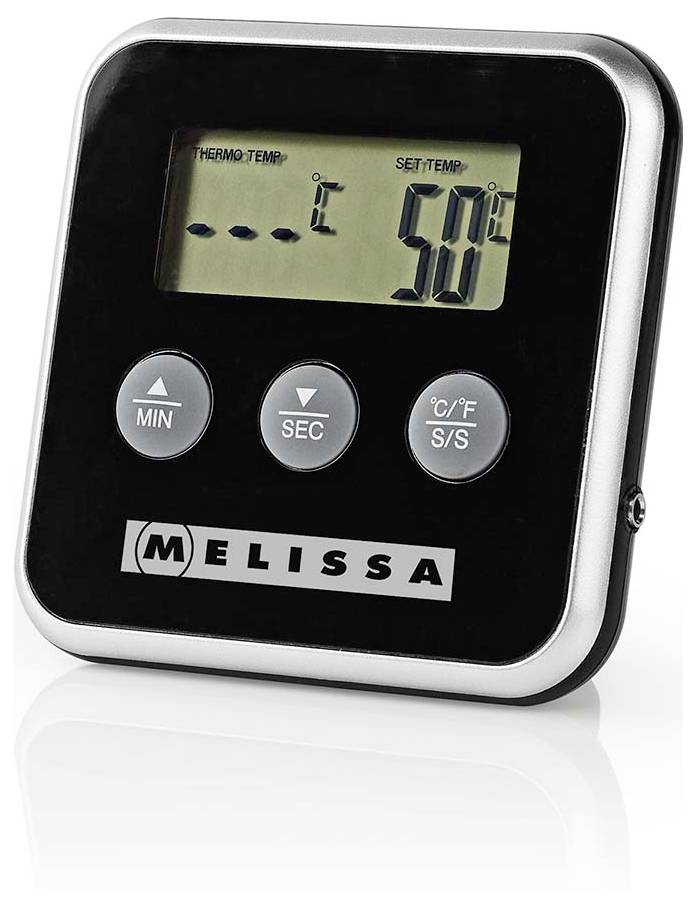 Digitální kuchyňský časovač/teploměr zobrazující nastavenou teplotu 50°C, s tlačítky MIN, SEC, °C/°F a značkou Melissa.