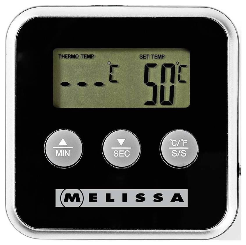 Displej digitálního teploměru zobrazující "SET TEMP 50°C" se třemi tlačítky označenými MIN, SEC a °C/°F S/S na zařízení MELISSA.