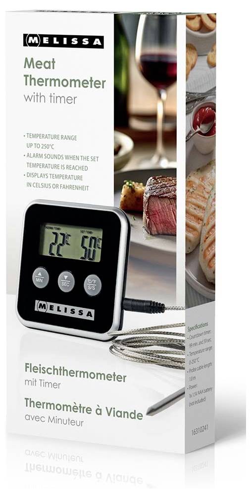 Krabice s mäsovým teploměrem Melissa s časovačem, zobrazující digitální displej, sondu a teplotní rozsah pro použití s potravinami až do 250 °C.