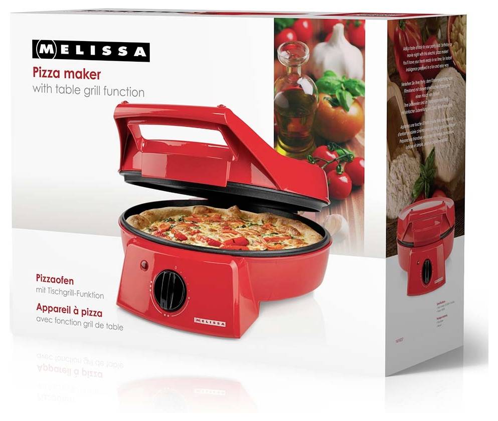 Melissa výrobce pizzy s funkcí stolního grilu, zobrazený na krabici produktu s červenou stolní pizzovou troubou a pizzou uvnitř