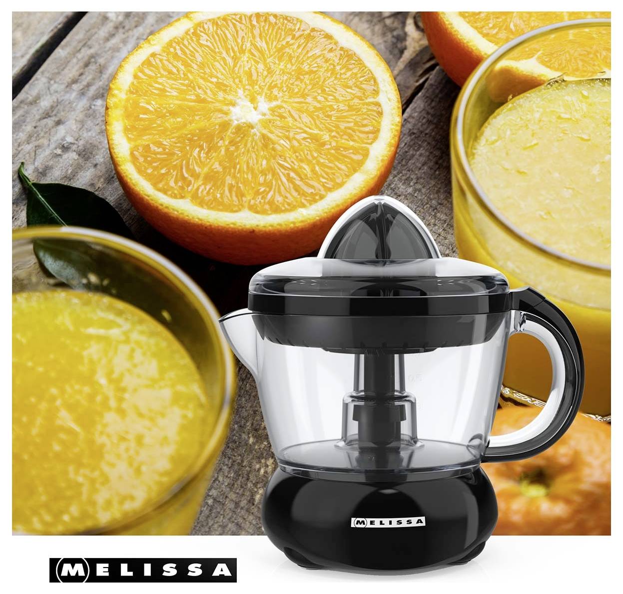 Elektrický citrusový odšťavňovač s půlkami pomerančů a sklenicemi šťávy, značka MELISSA