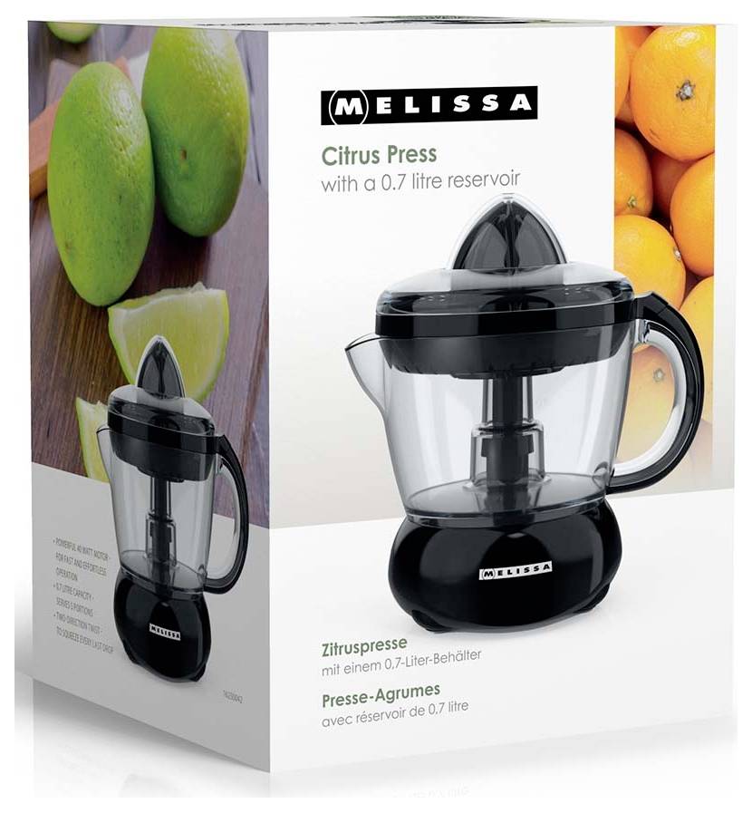 Balení Melissa Citrus Press odšťavňovače, zobrazující černý odšťavňovač s nádrží o objemu 0,7 litru a obrázky ovoce na krabici.