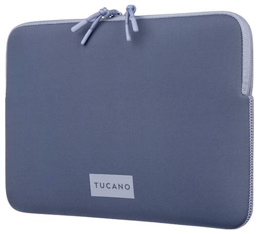 Modrý obal na notebook Tucano se zipem nahoře a polstrovanými okraji na bílém pozadí.