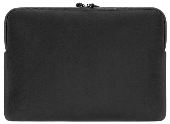 Černé pouzdro na notebook se zipem nebo brašna na přenosu na bílém pozadí.