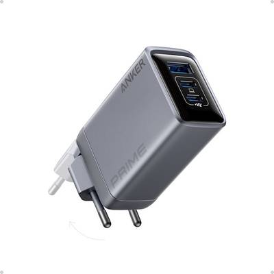 Šedý nabíječ Anker Prime se dvěma kolíky a více USB porty, zobrazený v pohledu ve stylu produktu na bílém pozadí.