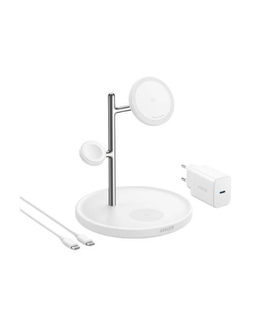 Bílý stojan Anker s magnetickým bezdrátovým nabíjením s kulatou základnou, dvěma kruhovými nabíjecími podložkami, adaptérem napájení a kabelem USB-C na bílém pozadí.
