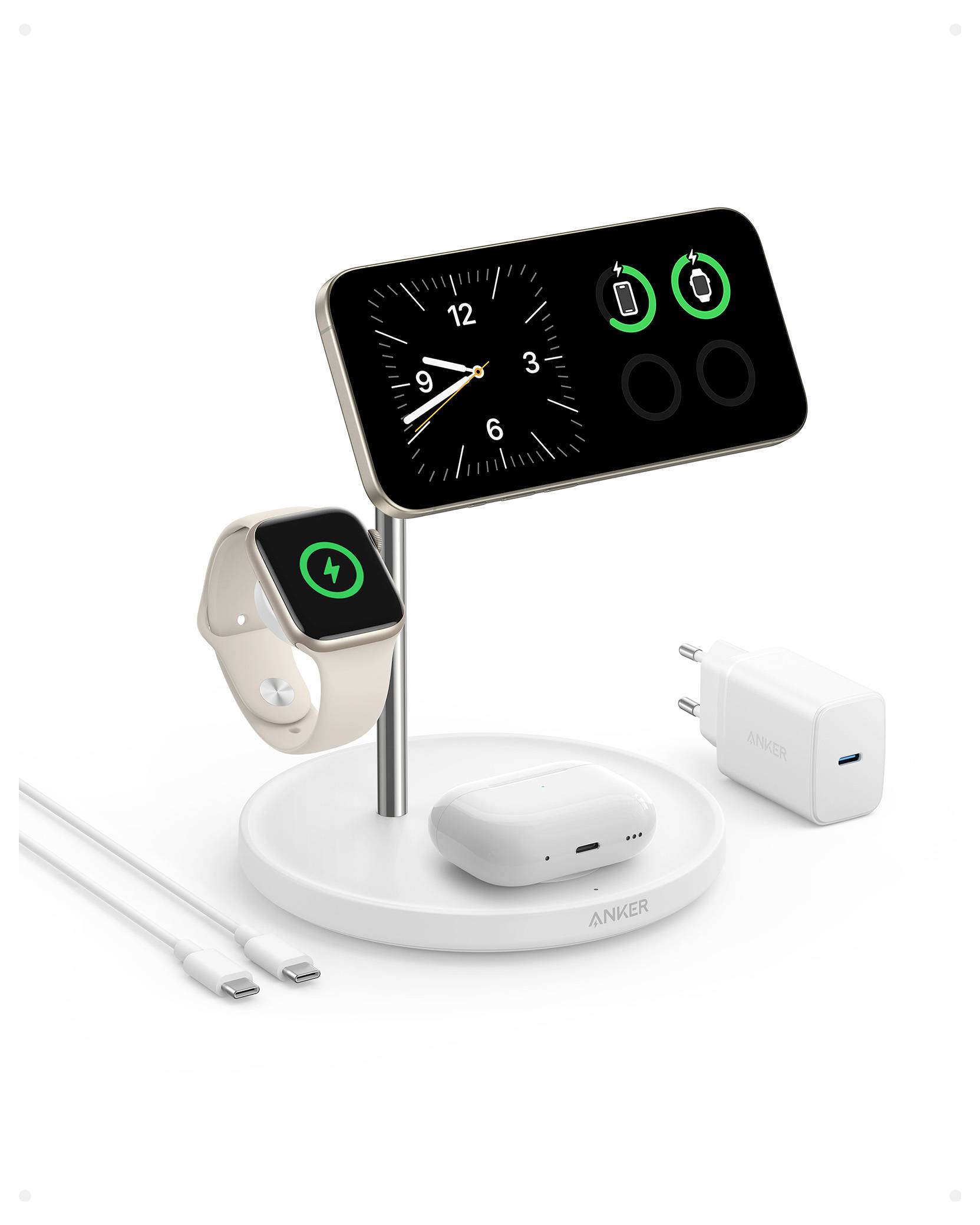 Nabíjecí stojan Anker 3v1 bezdrátově nabíjejí iPhone, Apple Watch a AirPody pomocí adaptéru napájení USB-C.