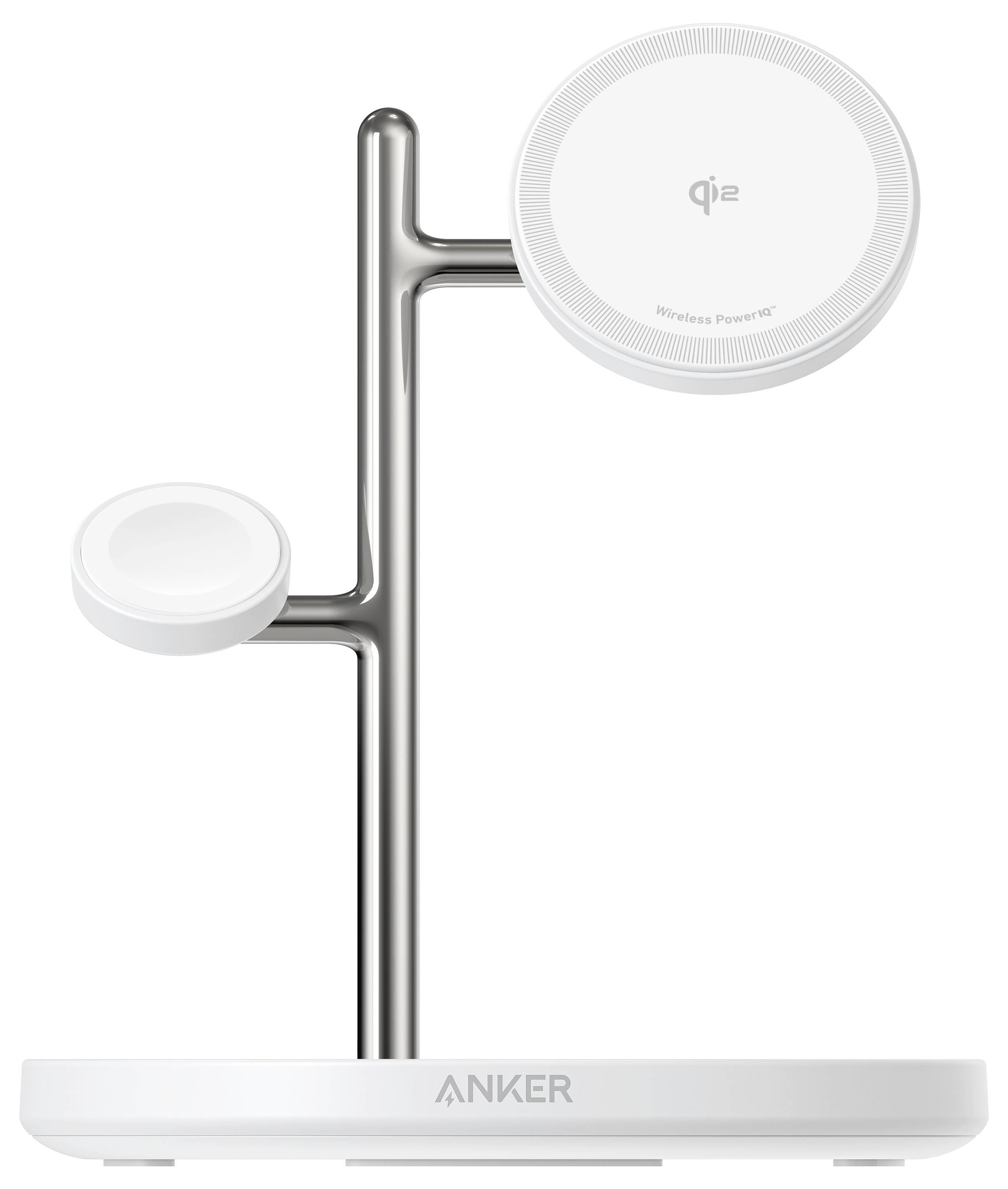 Bezdrátová nabíjecí stanice Anker se dvěma nabíjecími podložkami ve stylu MagSafe, jednou velkou podložkou na telefon a jednou menší podložkou na hodinky/sluchátka, na bílé základně.