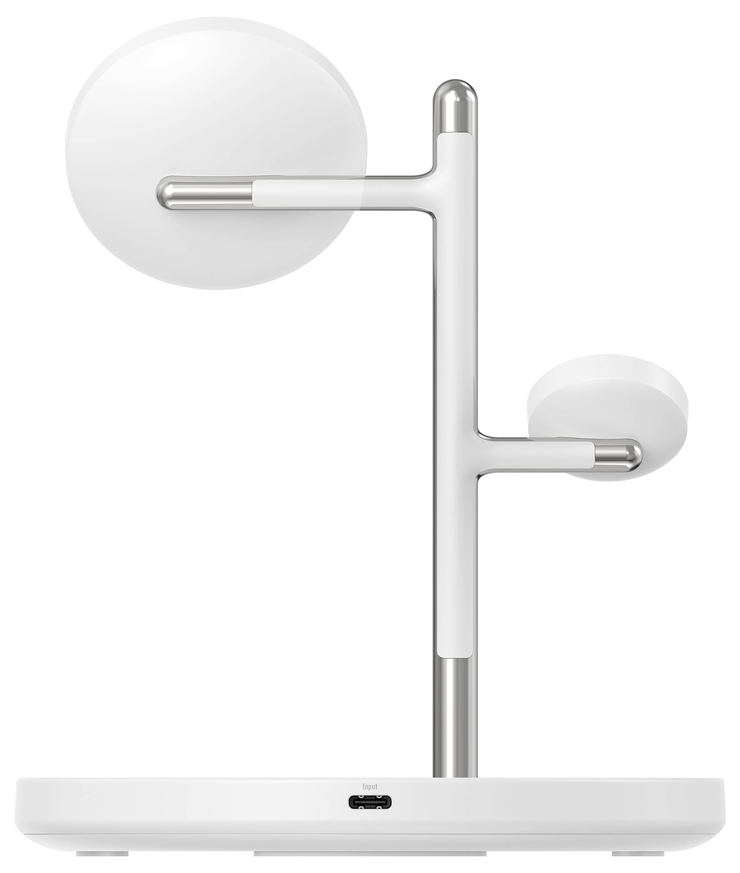 Bílá moderní lampa se svislou kovovou stopou a dvěma průsvitními kulatými stínítky, jedním velkým na levé straně a jedním malým na pravé straně, na obdélníkovém podstavci.