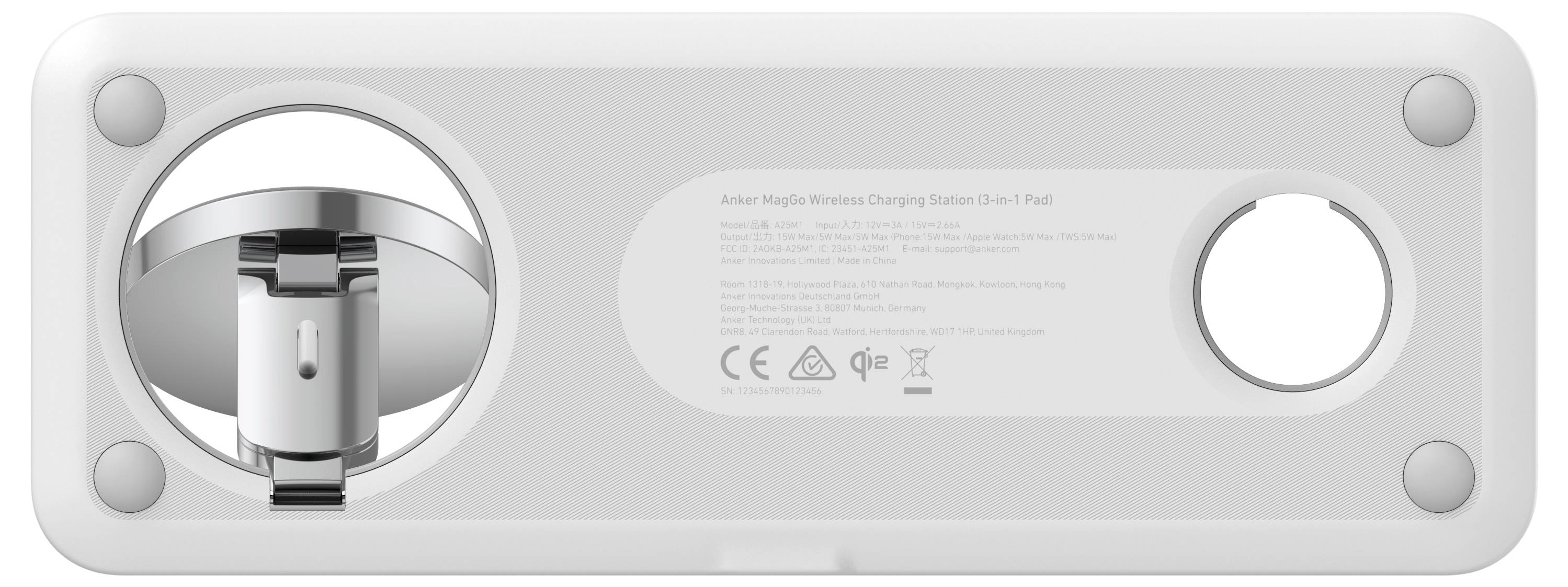 Obal baterie Silver Apple MagSafe zobrazený zezadu, s kruhovou oblastí pro připojení vlevo, regulačním textem uprostřed a kulatým tlačítkem vpravo.