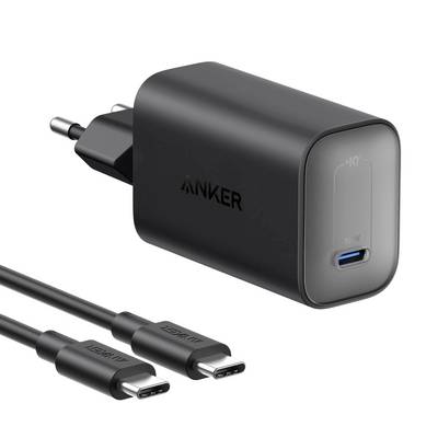 Černá nabíječka Anker na zeď s EU vidlicí a portem USB-C, zobrazená se dvěma nabíjecími kabely USB-C.