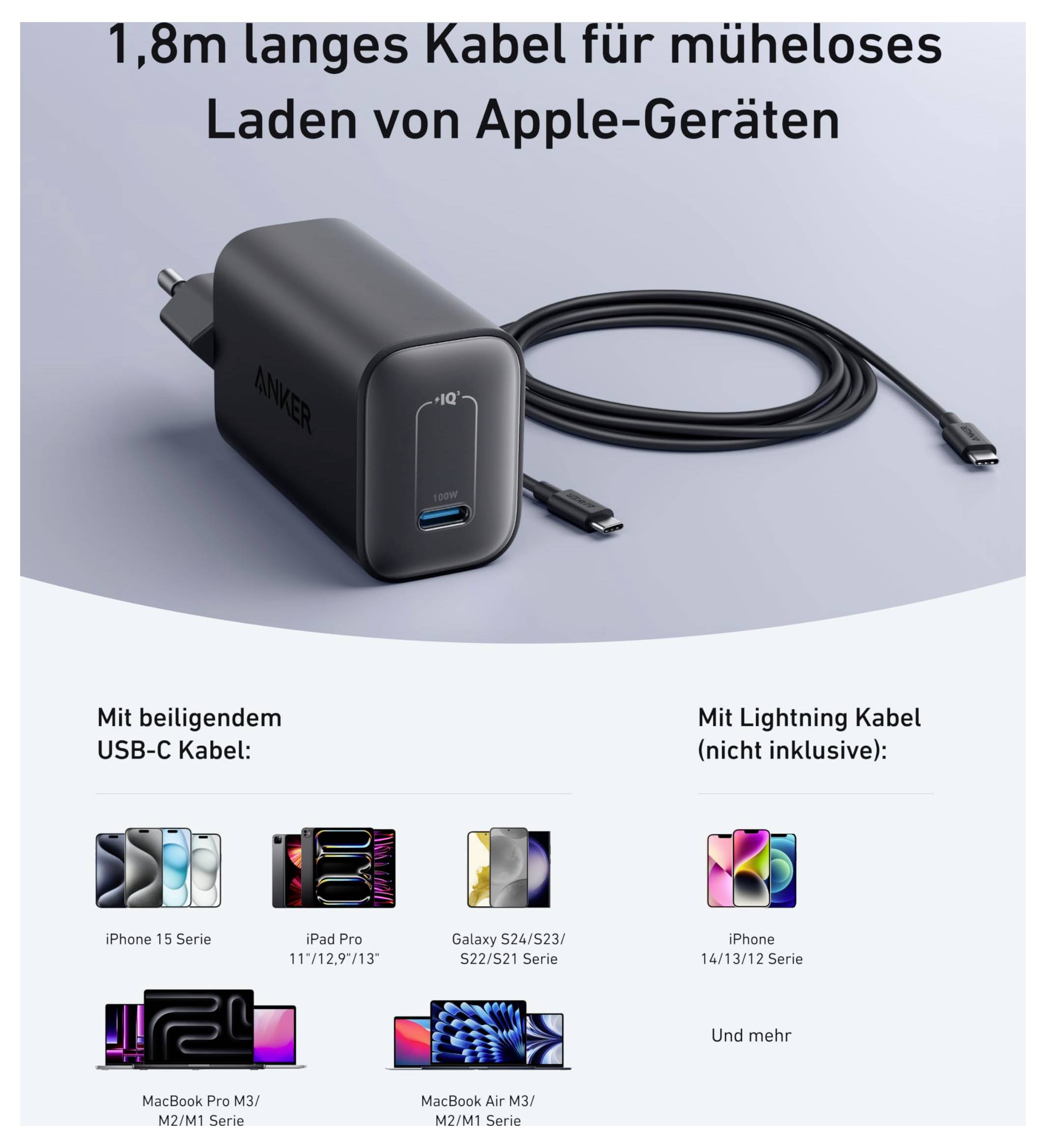 Nabíječka Anker s kabelem dlouhým 1,8 m pro zařízení Apple, zobrazená s přiloženým kabelem USB-C a kompatibilní řadou zařízení, plus upozornění na samostatný Lightning kabel.