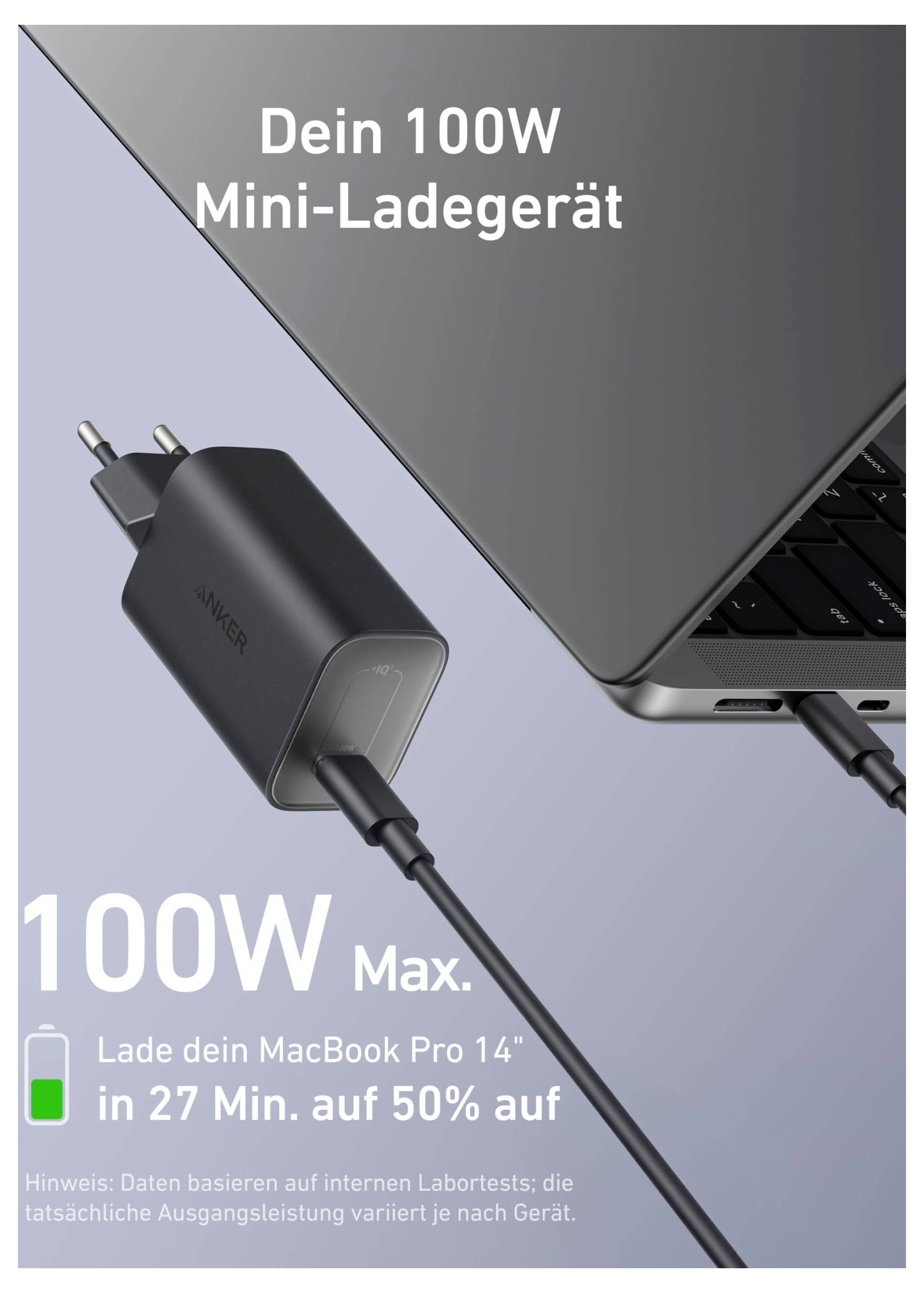 Propagační obrázek 100W miniaturního nabíjecího zařízení připojeného k notebooku, s českým textem "Tvoje 100W Mini-nabíječka" a "100W Max.", tvrdící, že MacBook Pro 14' se nabije na 50% za 27 minut.