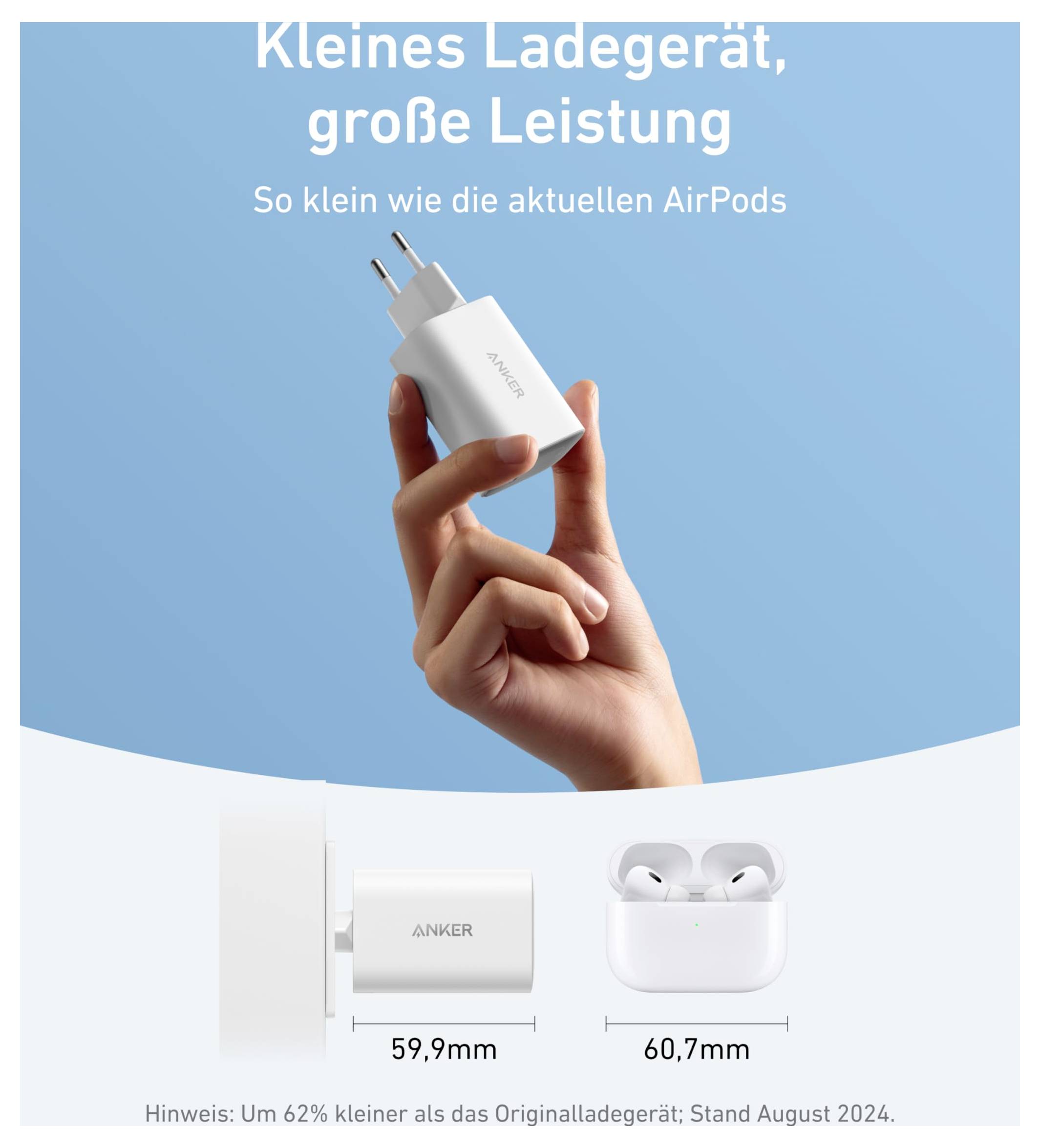 Ruka drží kompaktní bílou nabíječku značky Anker s německým textem „Kleines Ladegerät, große Leistung" a srovnáním velikosti s pouzdrem AirPods.