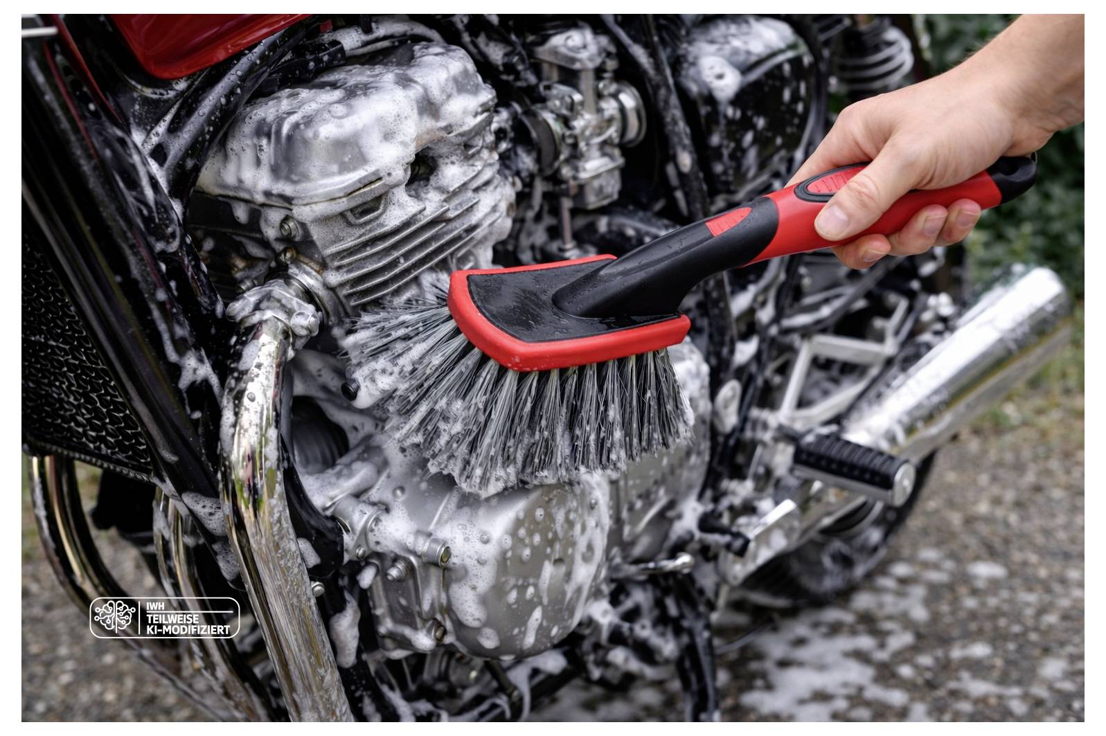 Detailní záběr na ruku pomocí kartáče čistící pěnu a nečistoty z motoru motocyklu během mytí.