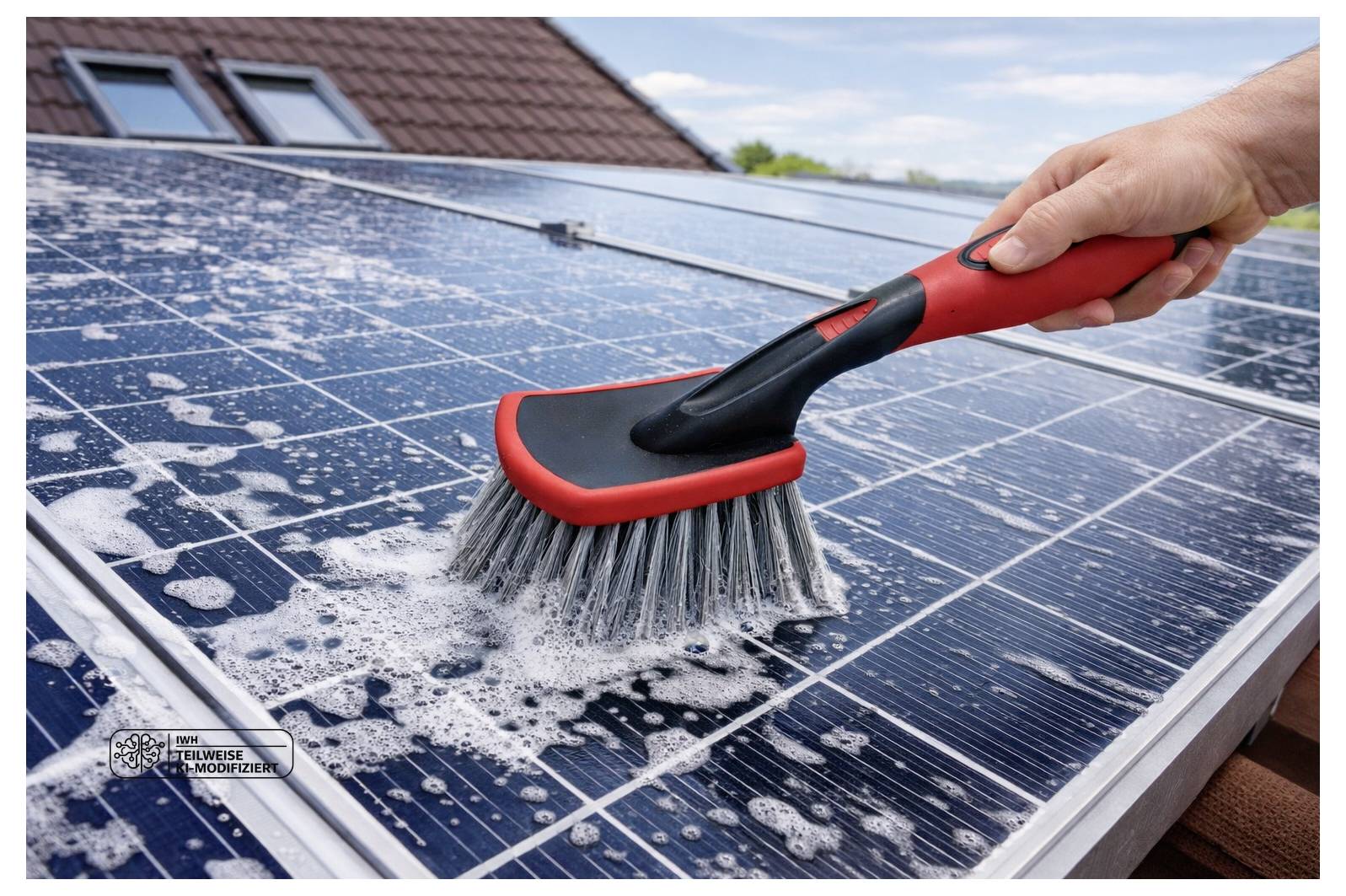 Ruka čistí střešní solární panel kartáčem a mýdlovou vodou.