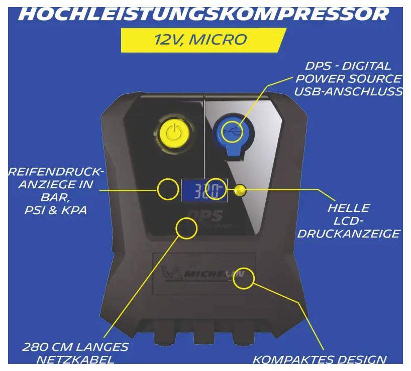 Produktgrafika vysozvýkonnného kompresoru "12V, MICRO" se označenými funkcemi: digitální displej, USB připojení, LCD tlakoměr, 280cm síťový kabel a kompaktní design.
