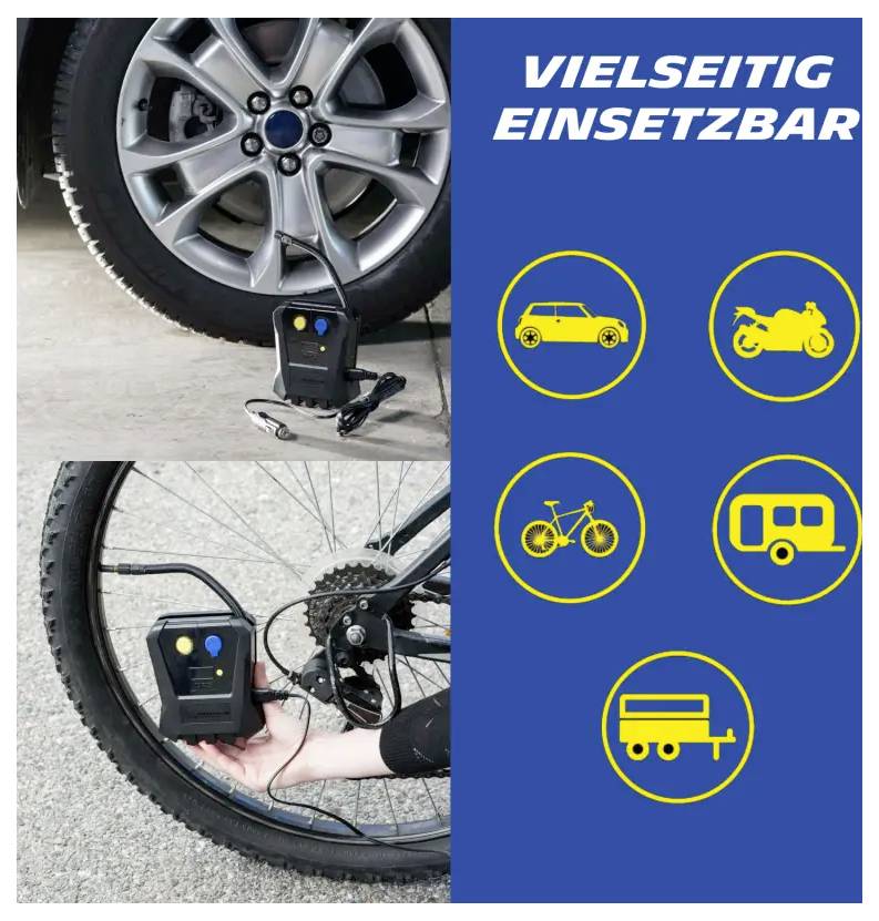 Reklamní grafika přenosného vzduchového kompresoru na pneumatikách auta a kola; text „UNIVERZÁLNĚ POUŽITELNÝ" a symboly pro auto, motocykl, kolo, obytný vůz a přívěs.