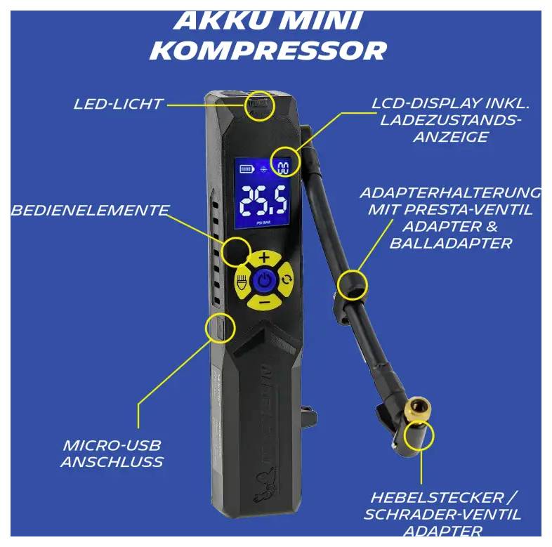 Akumulátorový minikompressor s LCD displejem ukazujícím stav nabití, LED osvětlením, ovládacími panely, konektorem Micro-USB a držákem adaptéru pro Prestův a gumový ventil.