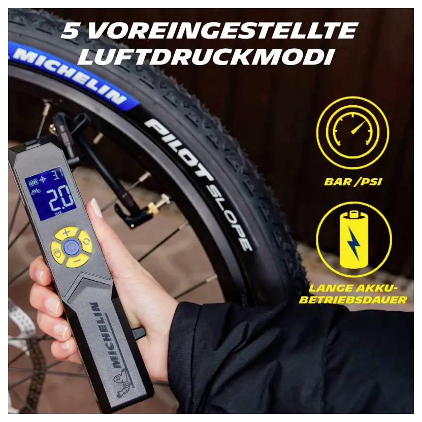 Ručně držený Michelin měřič tlaku vzduchu na cyklistických pneumatikách; ukazuje 2,0 bar a propaguje 5 přednastavených módů tlaku vzduchu, BAR/PSI a dlouhou dobu trvání baterie.